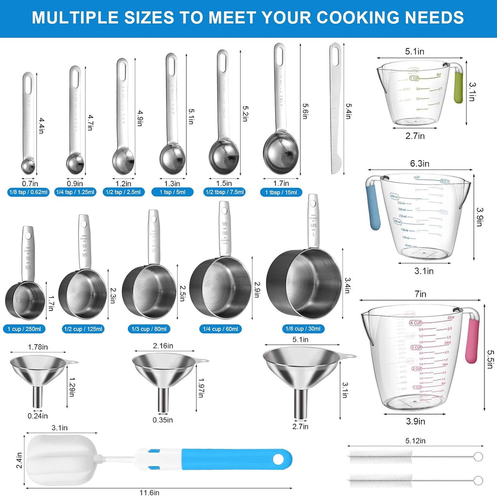 Measuring Cups and Spoons Set 21 Piece, 11 Stainless Steel Nesting Measuring Spoons and Cups with 3 Plastic Measuring
