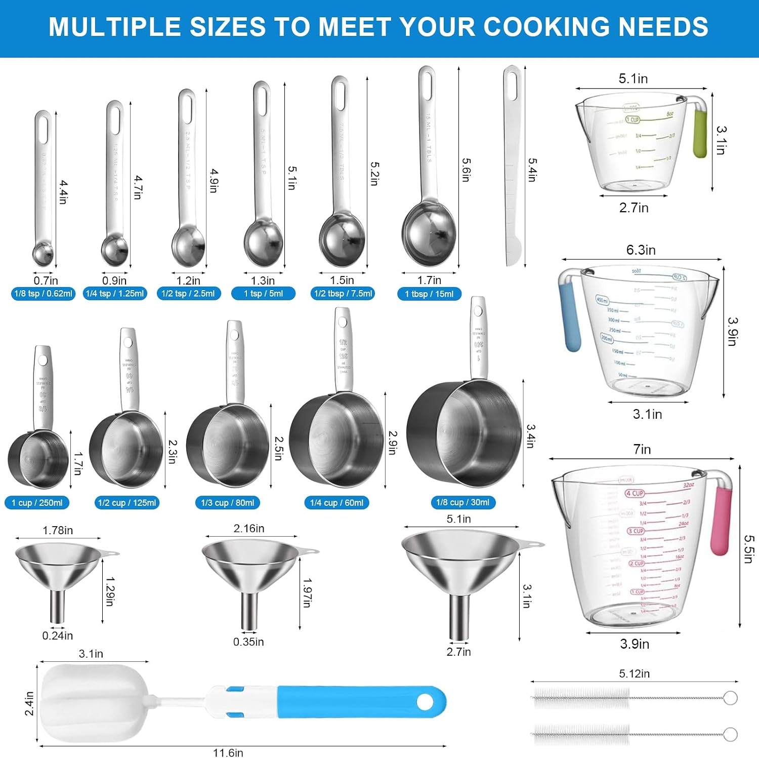 Measuring Cups and Spoons Set 21 Piece, 11 Stainless Steel Nesting Measuring Spoons and Cups with 3 Plastic Measuring