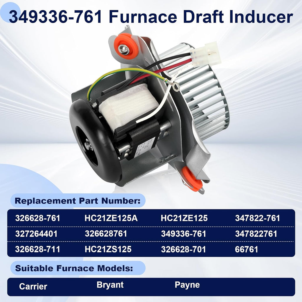 349336-761 Draft Inducer Motor Replacement HC21ZE125A 326628-761, Compatible with Carrier Bryant Payne,Furnace Exhaust Vent Venter Blower Motor Assembly, Replace 326628-761, 326628-701, 326628-711