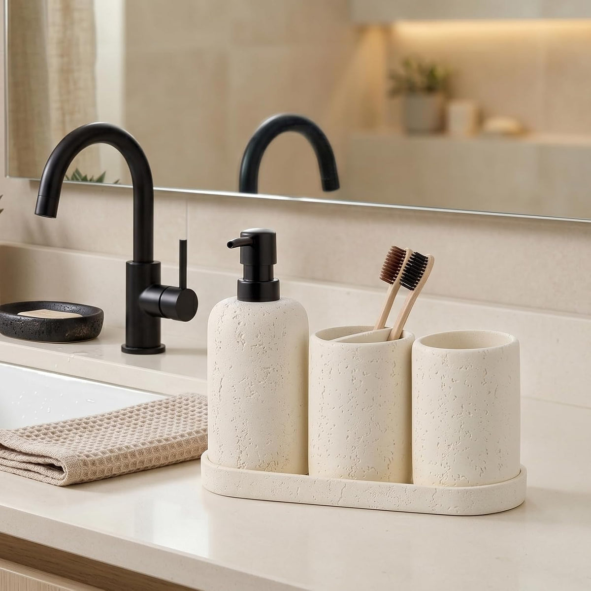 Bathroom Accessories Set,4 PCS Travertine Stone Look Collection,Cream | Modern Bath Organizer with 13.53 OZ Soap