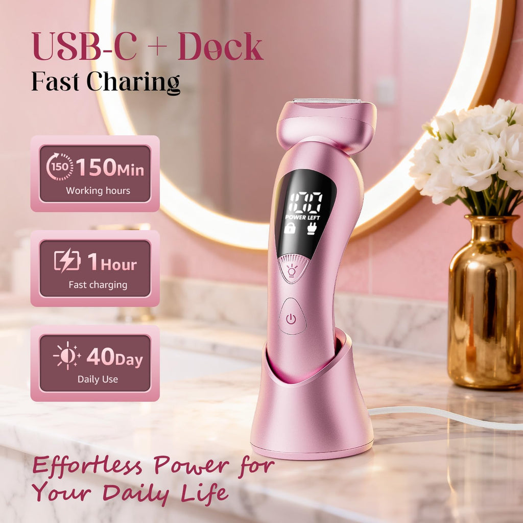 Cordless Electric Razor for Women: IPX7 & LED Display