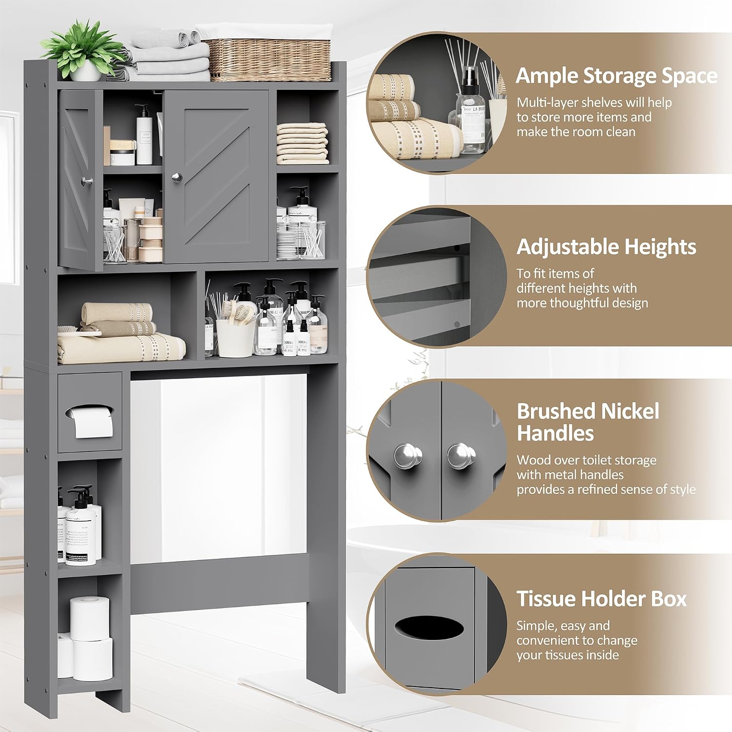 Over the Toilet Storage Cabinet, Freestanding Farmhouse Storage Cabinet Over Toilet, Bathroom Organizer with Paper