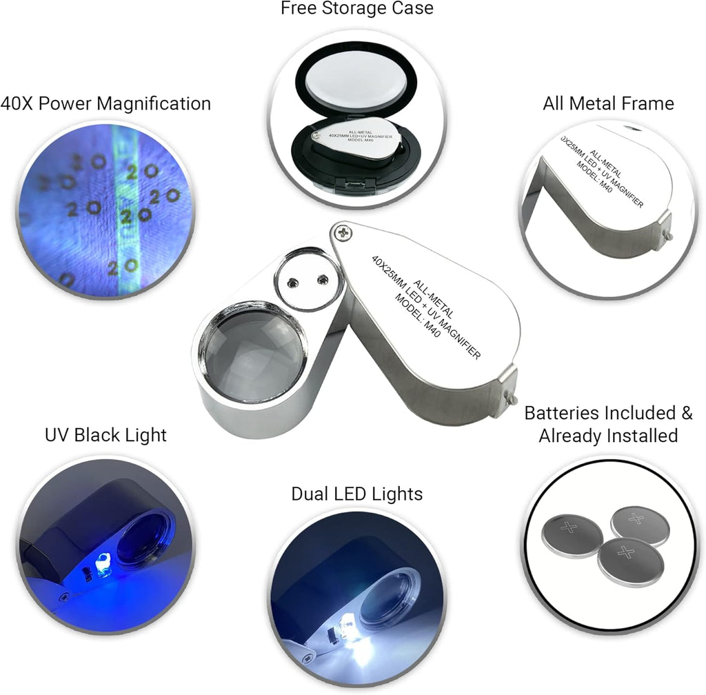 40X Jewelers Loupe with Light, UV Lighted Magnifying Glass Eye Loop, LED Illuminated Metal Pocket Magnifier for