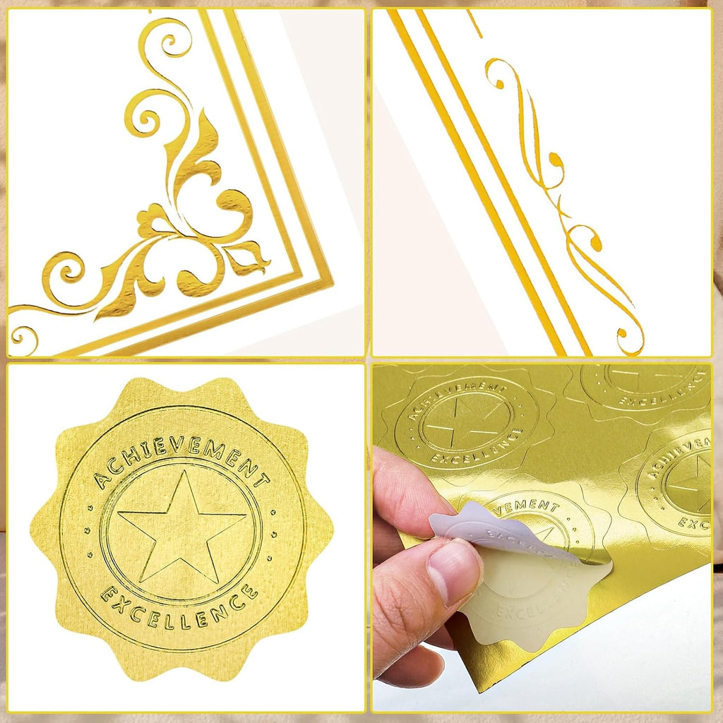 100 Sheets Certificate Paper with 100 Pcs Gold Seal Stickers, 8.5 × 11'' Printable Award Certificates for Graduation