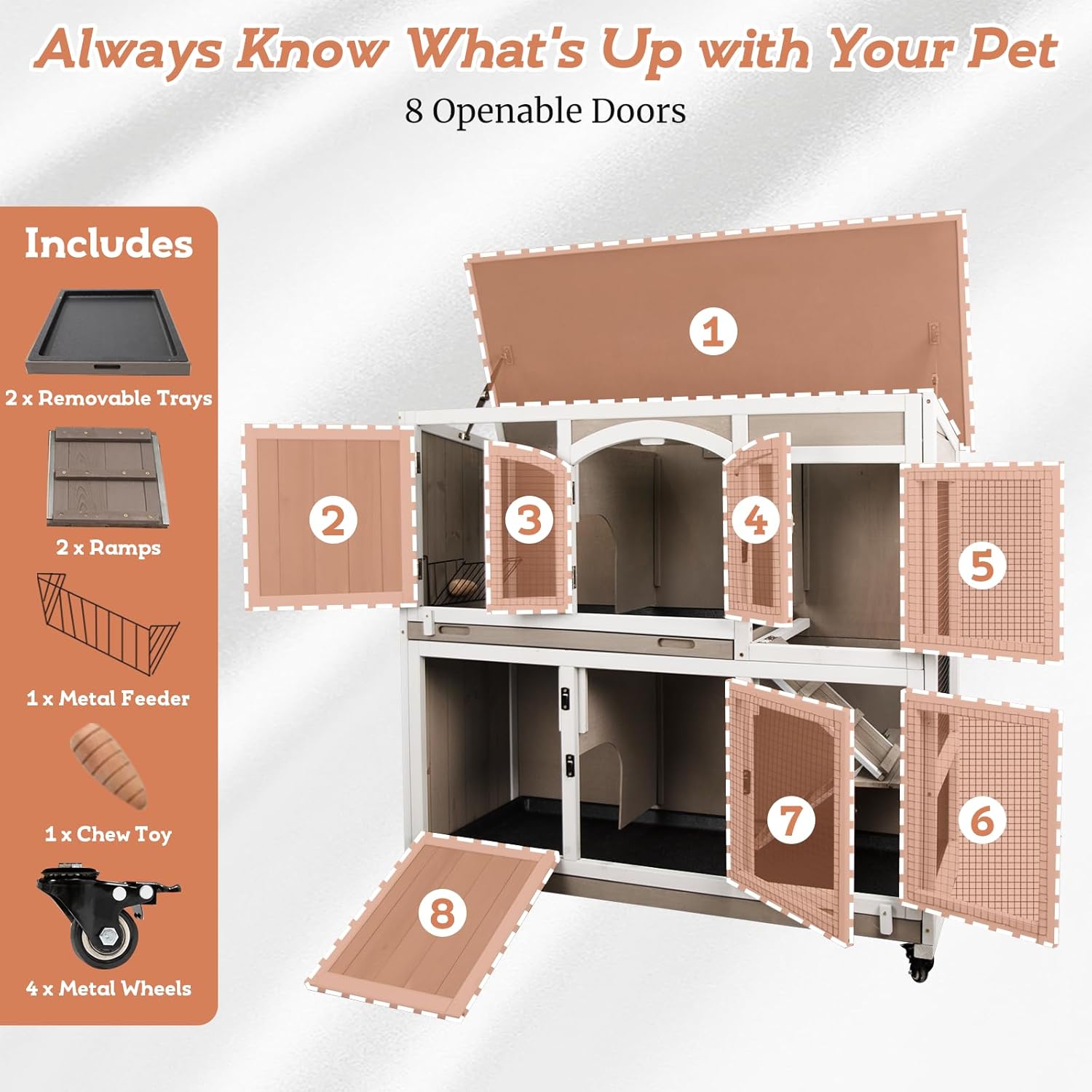 2 Story Large Rabbit Hutch Indoor with 2 Deeper Pull-Out Trays, Wooden Rabbit Cage with 4 Lockable Wheels, Ramp