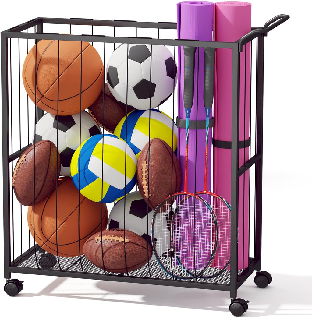Ball Storage Bin Rolling Sports Ball Cart, Black | Metal Garage Organizer Sport Rack, Ball Basket Storage, Toys Cage
