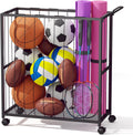 Ball Storage Bin Rolling Sports Ball Cart, Black | Metal Garage Organizer Sport Rack, Ball Basket Storage, Toys Cage