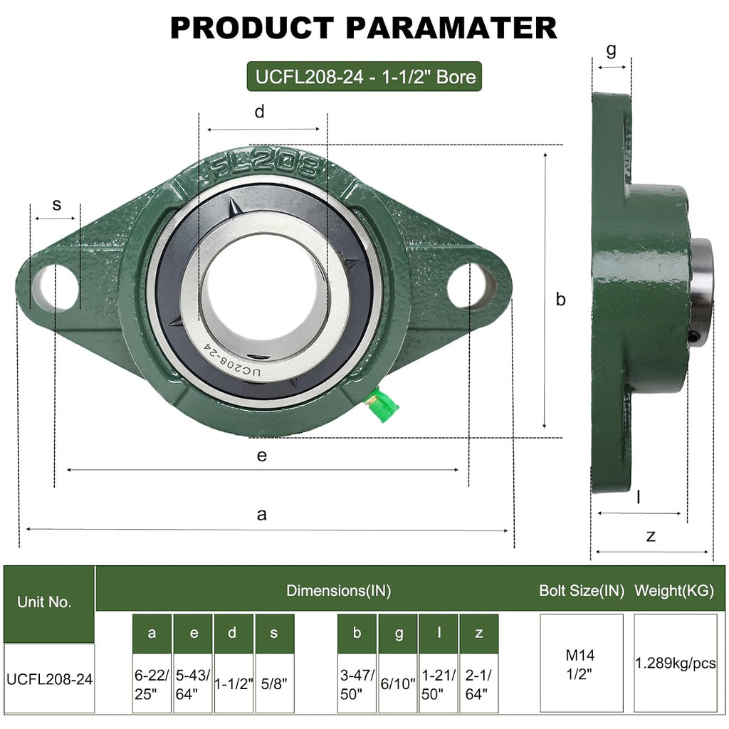 2 Pack UCFL208-24 Pillow Block Bearing – Flange 2 Bolt Mounted Pillow Block Bearings – Bearing Steel Bearings with 1-1/2" Bore - Self-aligning Bearings with Solid Cast Iron Base