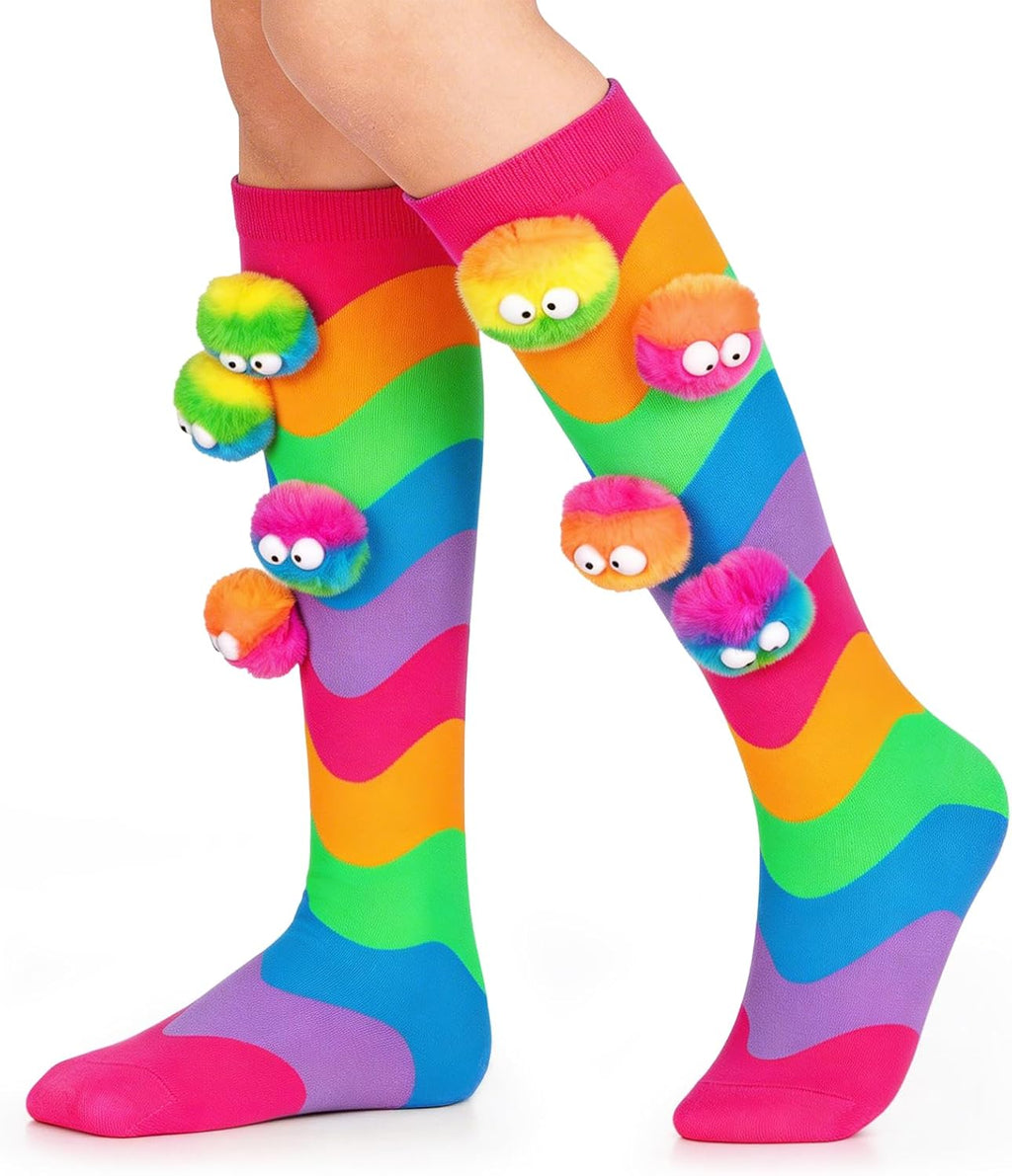 Crazy Socks for Kids Girls 3D Monster Pom Pom Rainbow Knee High Socks | Funny Novelty Wiggle Eye Monster Socks for