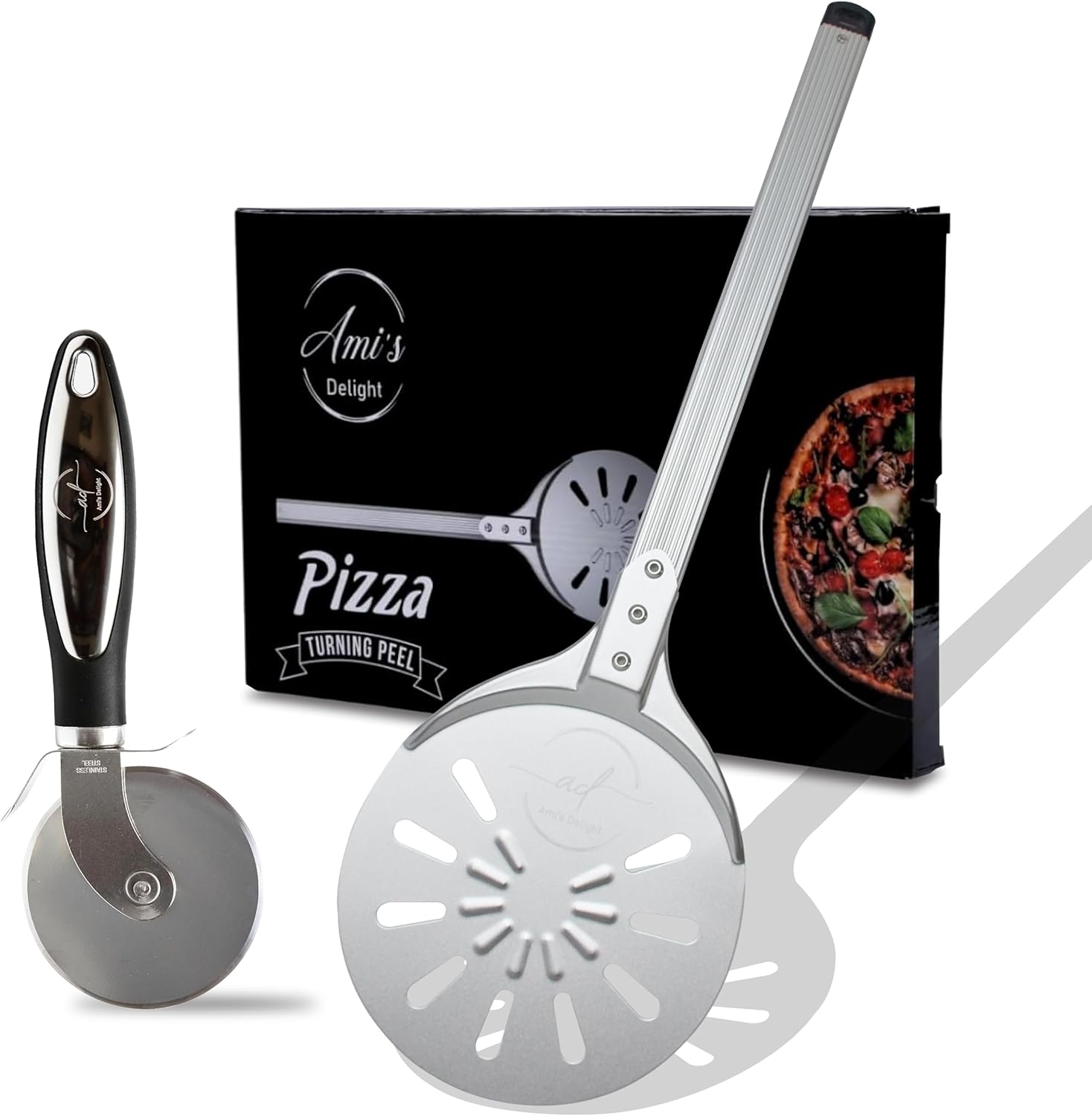 Ami’s Delight 8-Inch Perforated Pizza Turning Peel with Free Pizza Cutter | Lightweight Aluminum Pizza Peel Spinner