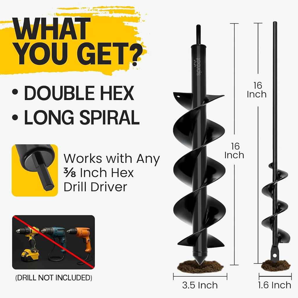 Garden Auger Drill Bit for Planting 2 Pack 1.6x16 & 3.5x16 Inch - Umbrellas and Fences Auger Post Hole Digger for