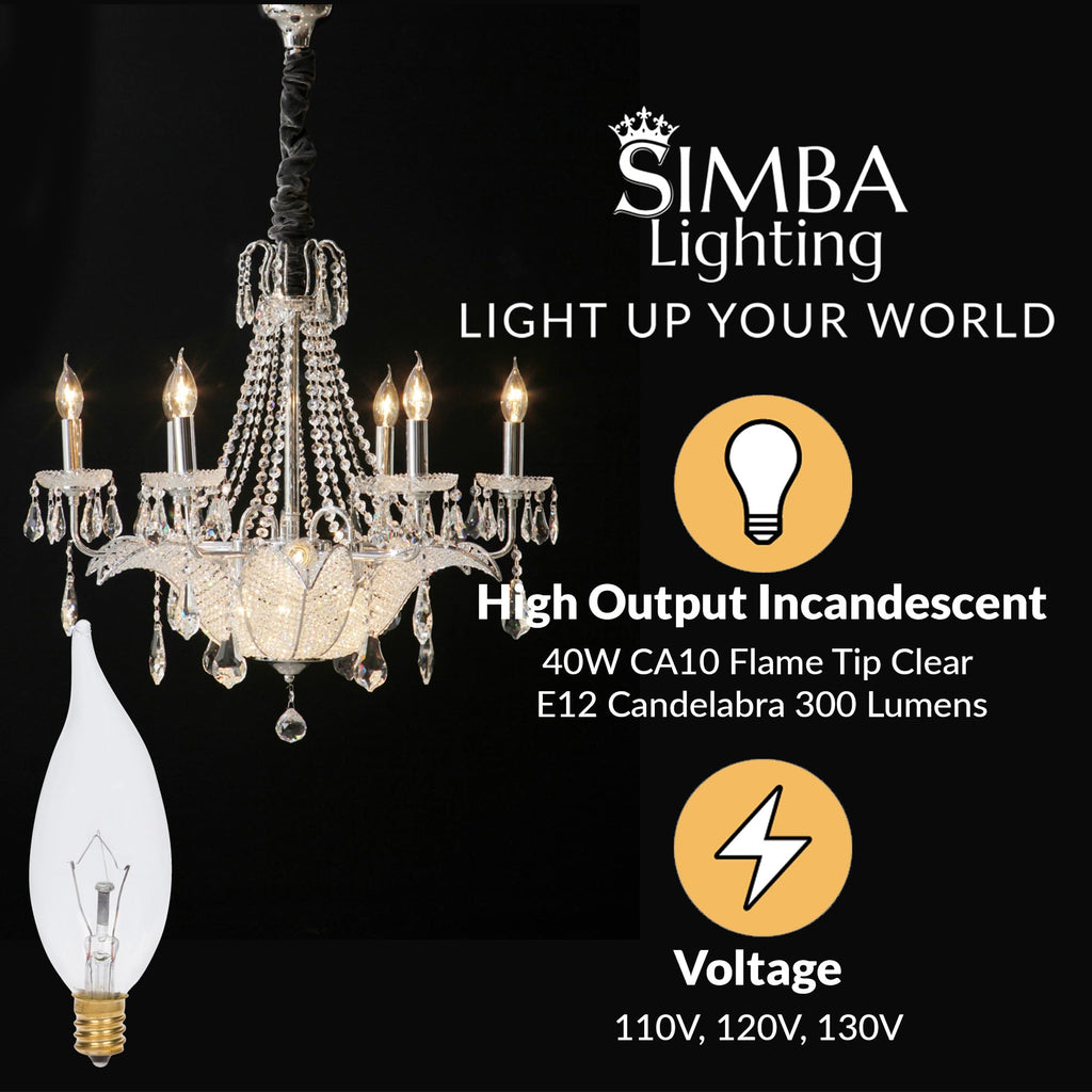 Candelabra Flame Tip Clear CA10 40W E12 Base 120V, 12 Pack