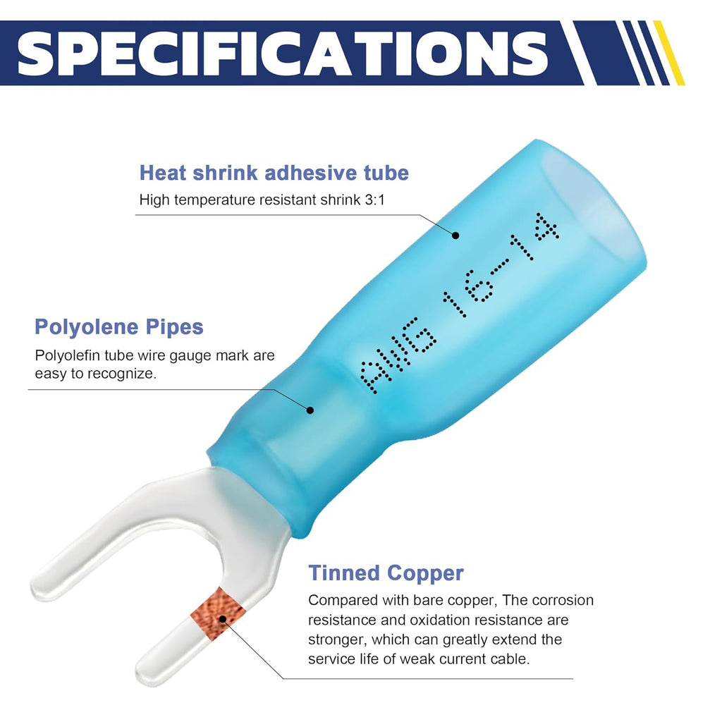 haisstronica 200PCS Heat Shrink Fork Terminals, 16-14 AWG, #10, Blue