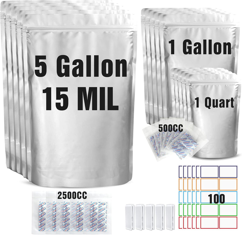 15 Mil 5 Gallon Mylar Bags for Food Storage with 2500cc Oxygen Absorbers - 55 Pack Mylar Bags Include 5 Gallon, 1