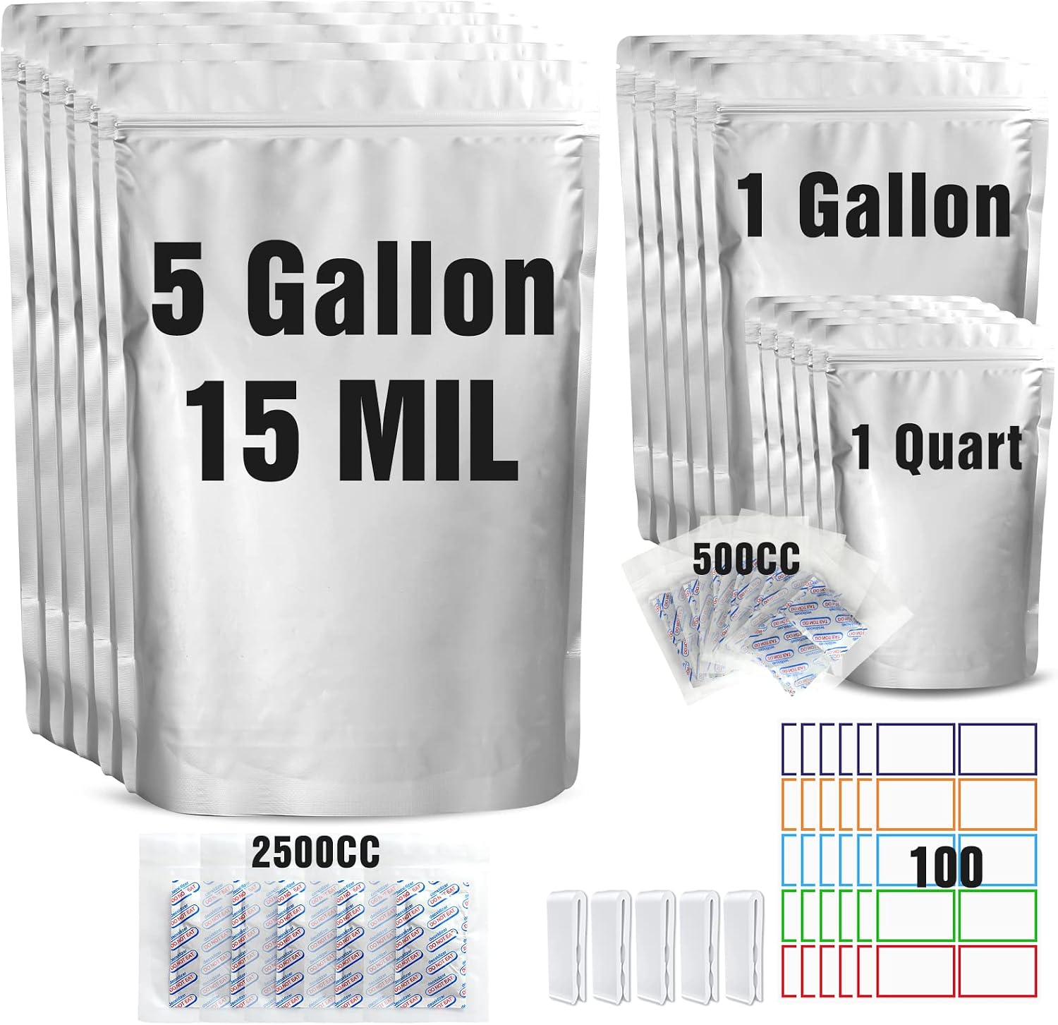 15 Mil 5 Gallon Mylar Bags for Food Storage with 2500cc Oxygen Absorbers - 55 Pack Mylar Bags Include 5 Gallon, 1