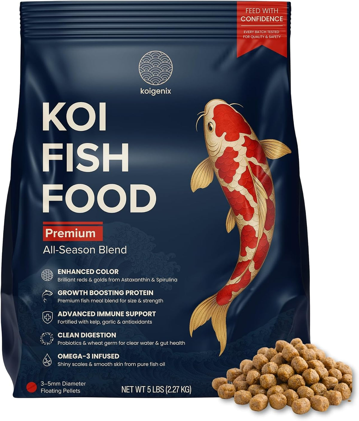 Koi Fish Food (5lb) - Growth & Color Formula, High Protein Floating Pellets with Spirulina, Krill & Probiotics, Easy