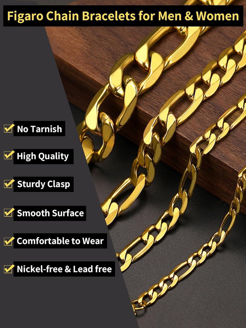 Figaro Link Chain Bracelet for Men Stainless Steel Jewelry | Black/ Gold Bracelets Men, 6/9/13mm Figaro Cuabn