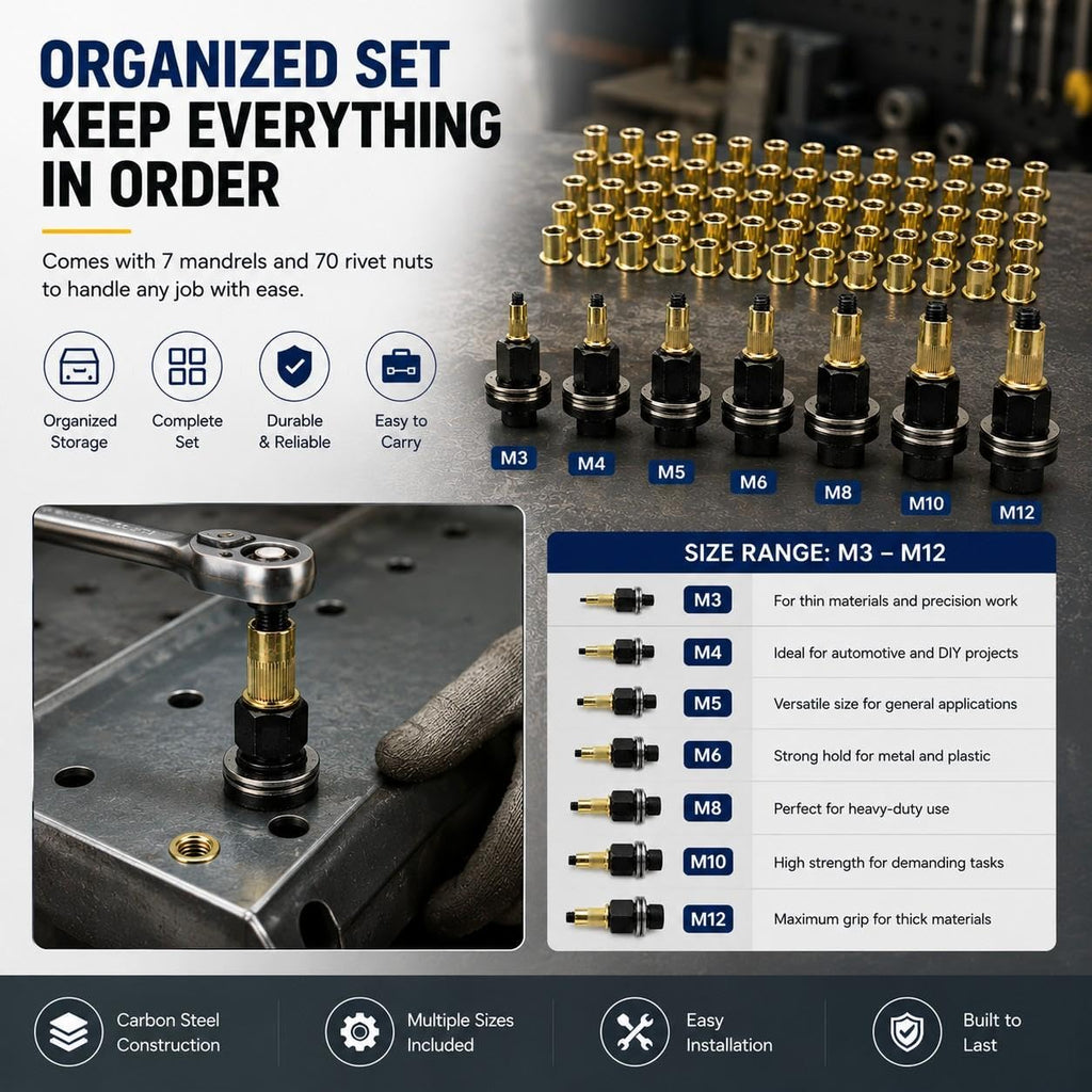 Rivet Nut Tool Kit Carbon Steel Mandrel Head Set M3-M12 Rivet Nut Hardware