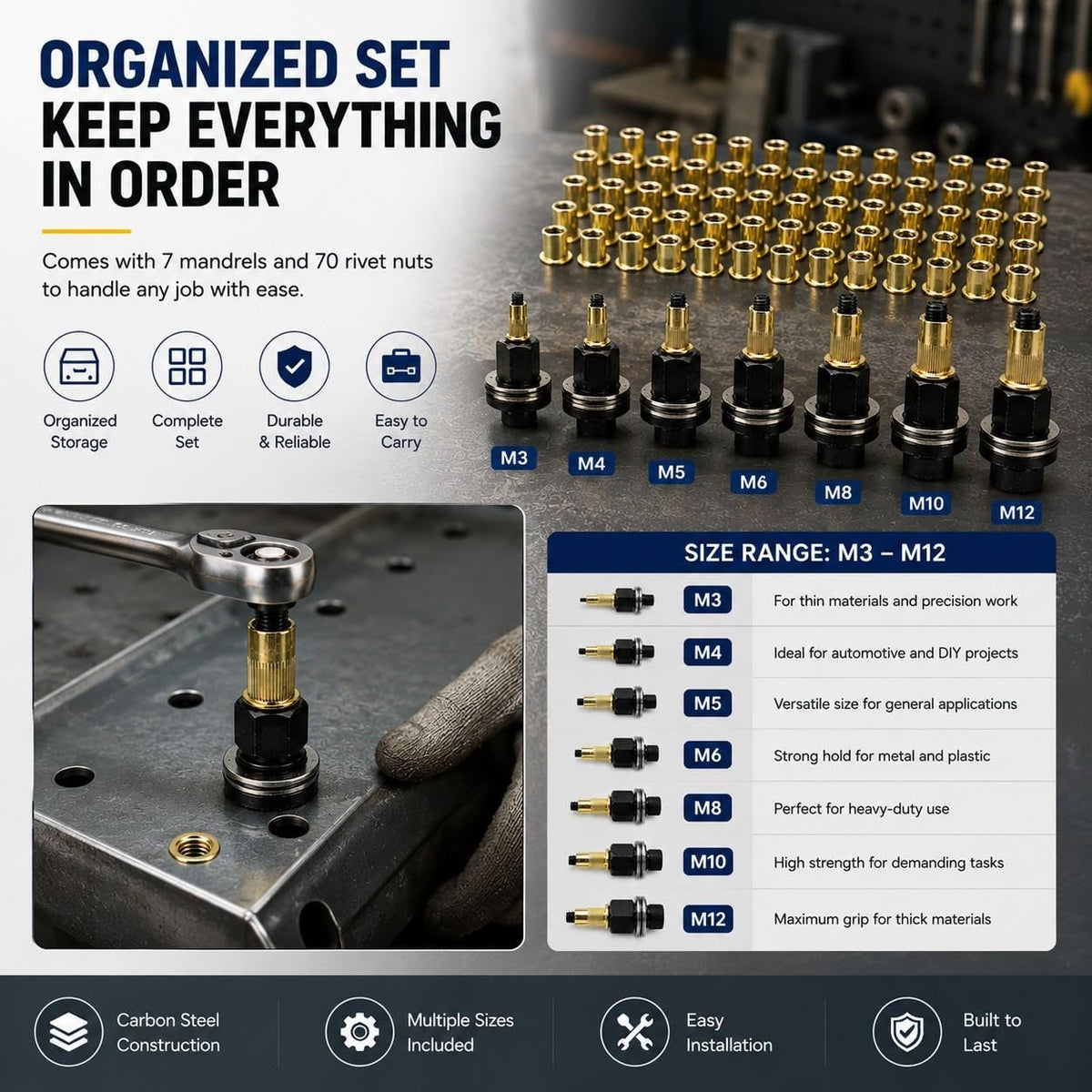 Rivet Nut Tool Kit Carbon Steel Mandrel Head Set M3-M12 Rivet Nut Hardware