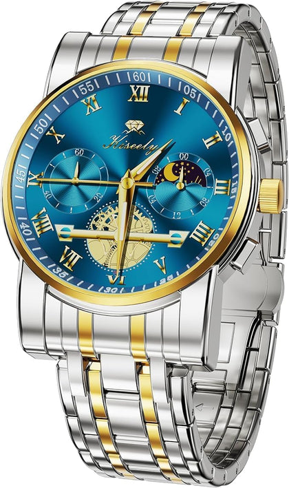 Men's Chronograph Quartz Watches, Leather Strap Gold Case with Day Date, Diamond Business Dress Analog Quartz Moon