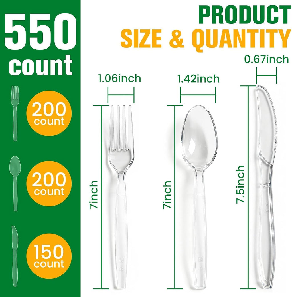 550 Count Plastic Silverware Heavy Duty, 200 Forks, 200 Spoons, 150 Knives