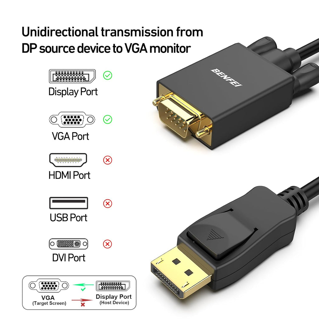 DisplayPort to VGA Cable, 1.8M Display Port of Computer/Laptop to VGA of Monitor/Projector Gold-Plated Adapter (Not