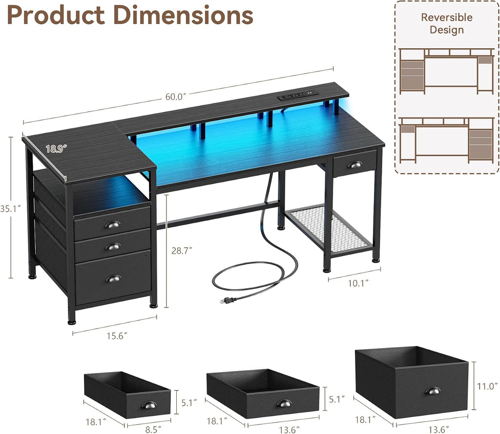 60" Black Computer Desk with 4 Drawers and Printer Space, Gaming Desk with LED Lights and USB Power Outlets, Home