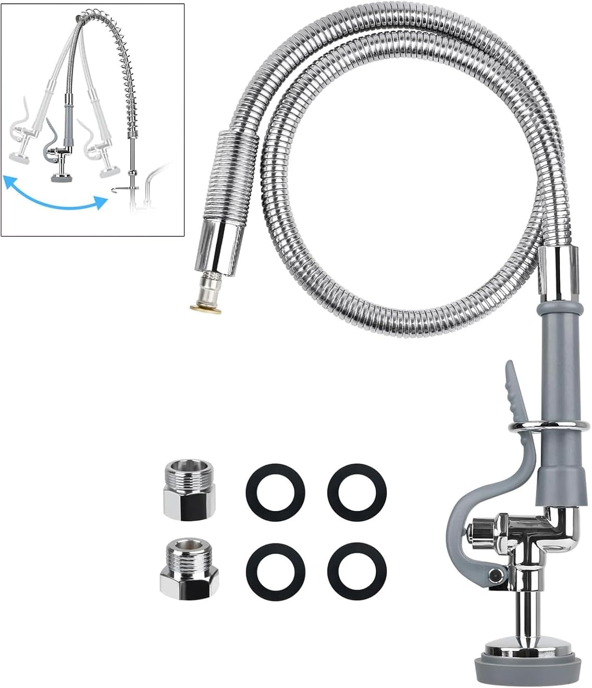 Pre Rinse Spray Valve with Stainless Hose 44inch Flexible Commercial Sink Faucet Replacement Kit 1.42GPM High