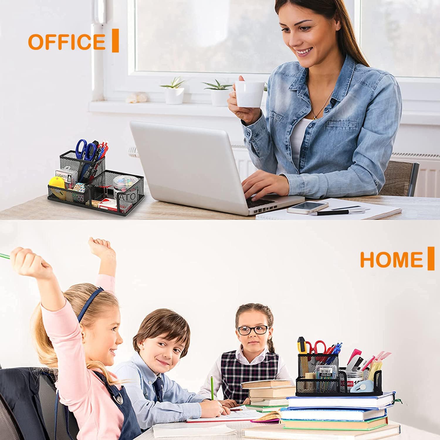 Pen Holder for Desk, Desk Organizers Set-3 Compartments Mesh Pencil Holder with Pencil Pen Cup and Paper Clip holder