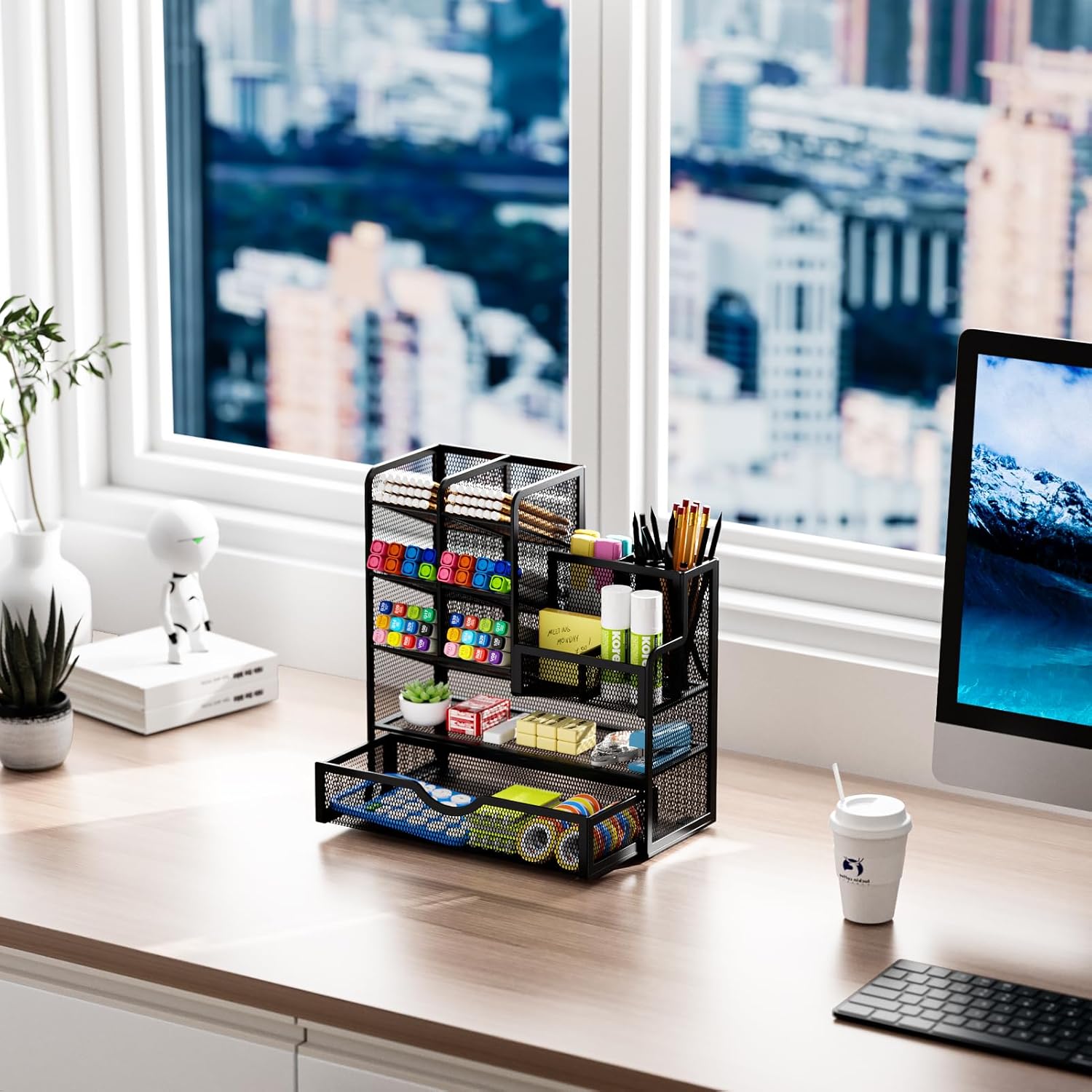 Mesh Pen Holder for Desk, Multi-Functional Pencil Organizer with Drawer, Desk Organizers and Accessories for Office