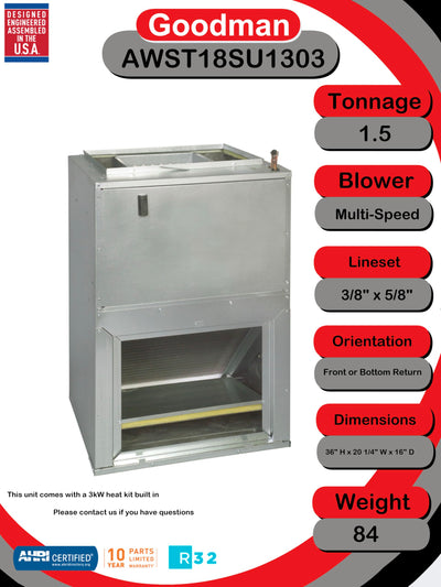 AWST18SU1303 1.5 Ton R-32 Wall-Mount Air Handler with 3 kW Electric Heat – Individual Component – Replaces AWST18SU1403