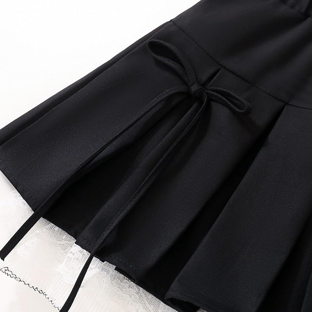 Girls Pleated Skirt Lace Hem Elastic Waist Uniform Teens Comfort School Kids Clothes with Bow