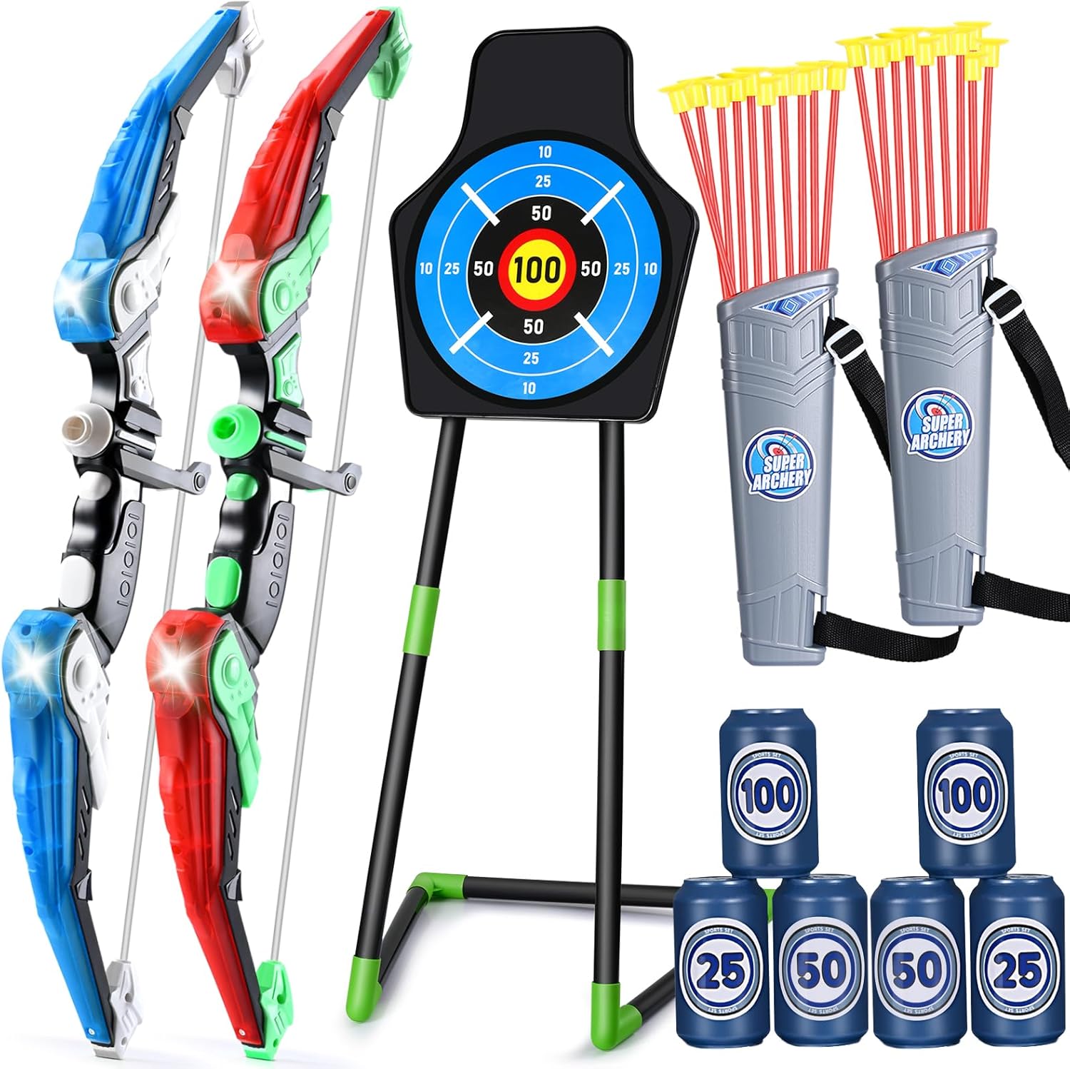 Bow and Arrow for Kids 4 5 6 7 8 with LED Lights-Indoor Outdoor Sport Gifts | Kids Bow and Arrow Set with 24 Suction