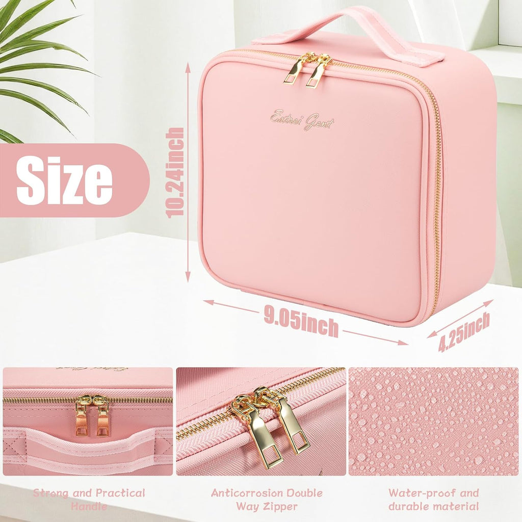 Makeup Travel Train Case with Mirror LED Light 3 Adjustable Brightness Large Cosmetic Bag Portable Storage Adjustable