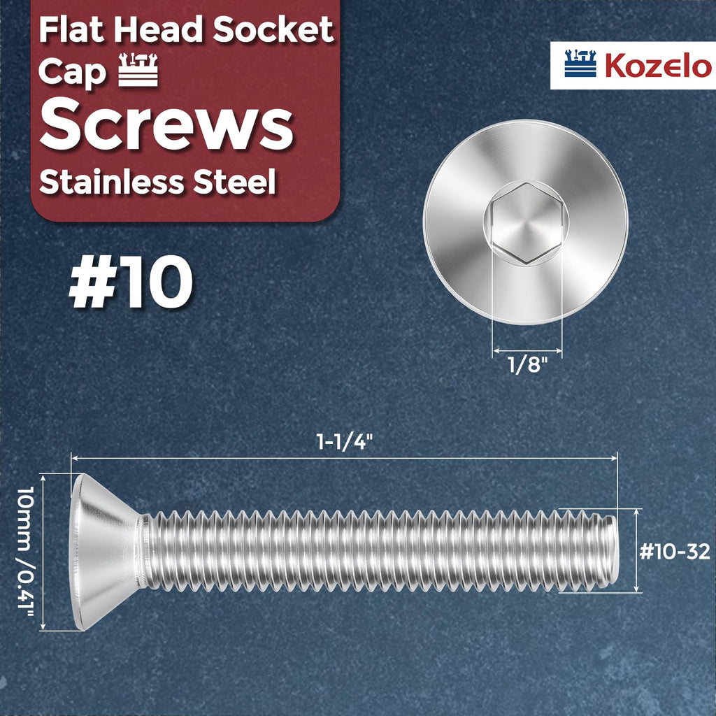 Kozelo 10Pcs #10-32x1-1/4 Flat Head Socket Cap Screw Countersunk Bolt