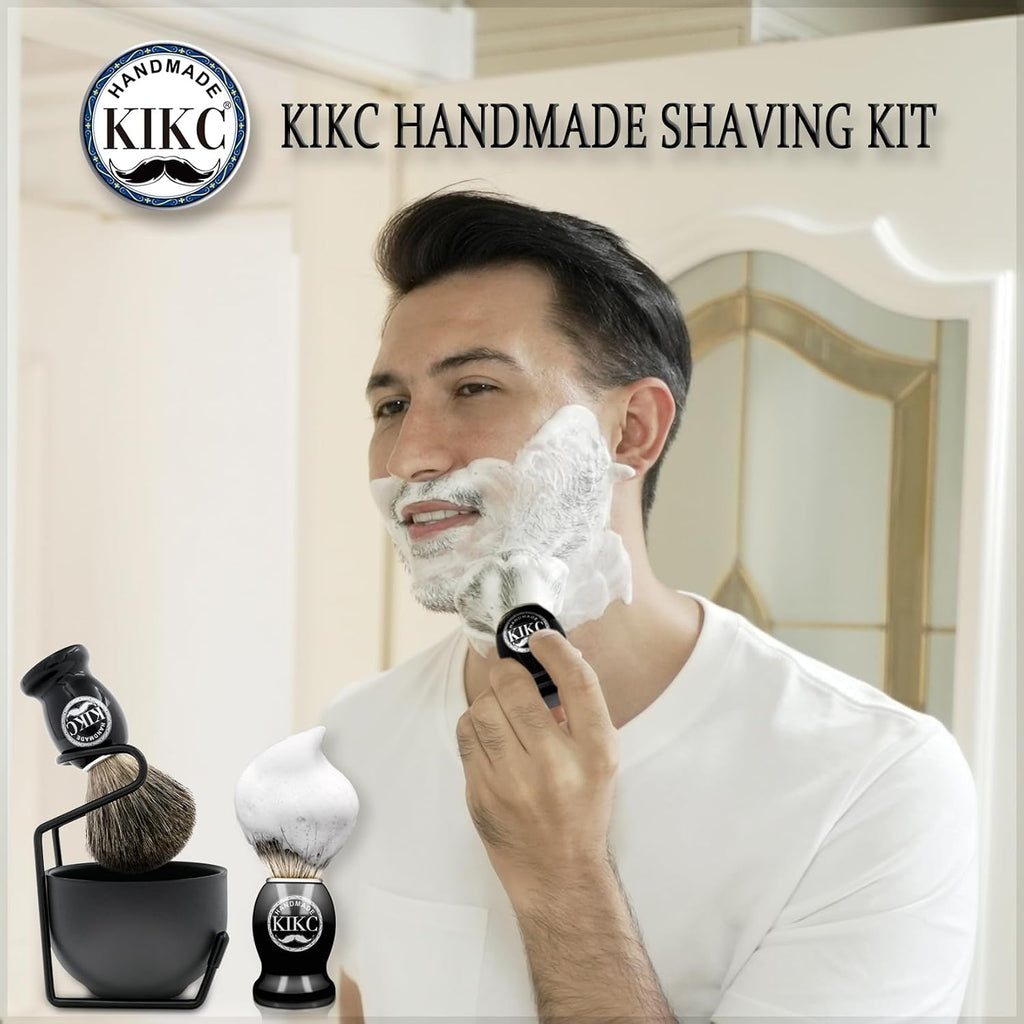 5 in 1 Shaving Kit for Wet Shave, Set Includes Hand Crafted Pure Badger Shave Brush, Stainless Steel Lathering Soap