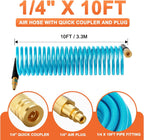 GASHER 1/4" 10FT Polyurethane Recoil Air Hose with Quick Coupler Plug Blue