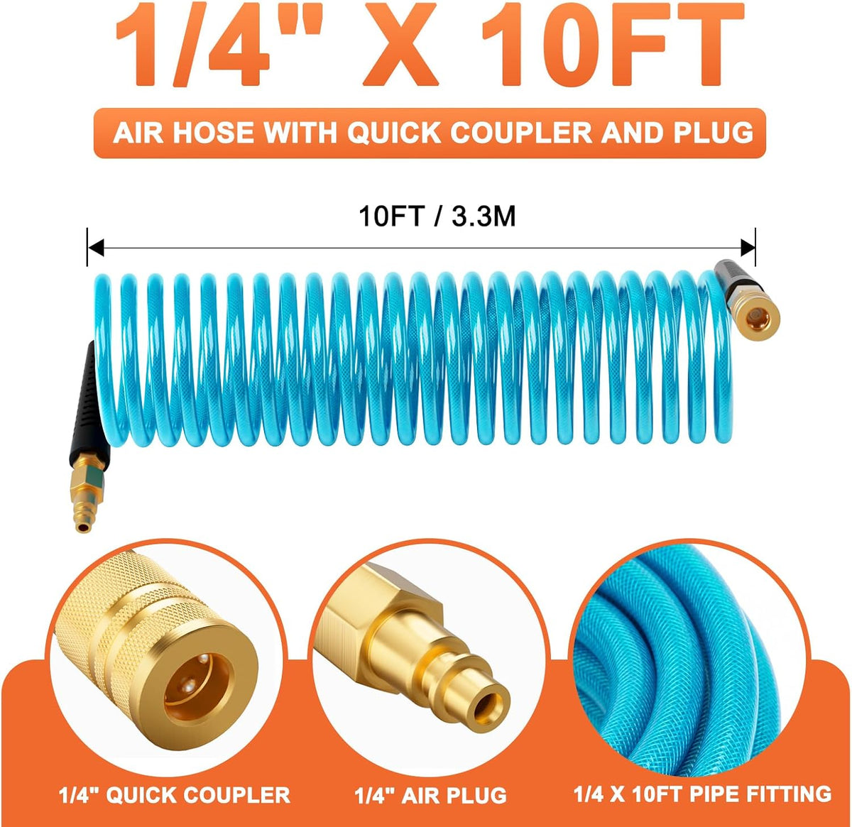 GASHER 1/4" 10FT Polyurethane Recoil Air Hose with Quick Coupler Plug Blue