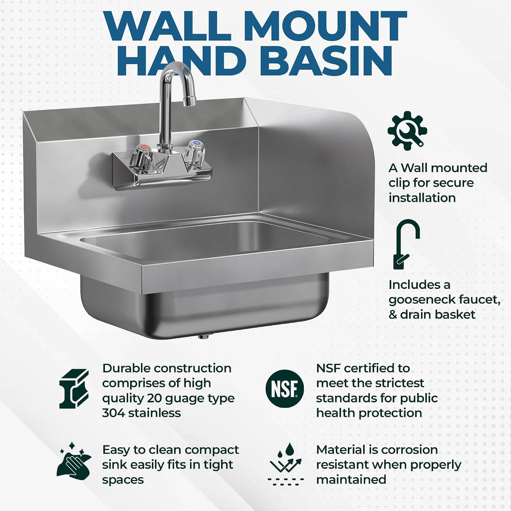 15" x 17" Hand Sink, Left Side Splash Guard, Gooseneck Faucet, NSF