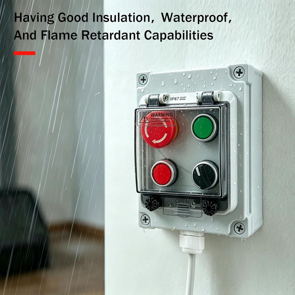 IP67 Efficient Waterproof Emergency Stop Button Box,22mm 4-Buttons Start Stop Control Station, Dustproof Anti-Misoperation Push Button Switch with Cover for Industrial Workshop Outdoor Use