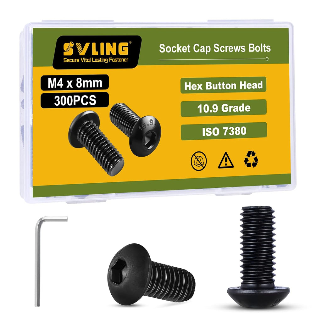M4 x 8mm 300PCS Button Head Hex Socket Cap Screws Bolts, 10.9 Grade Alloy Steel, Allen Hex Drive, Full Thread, Black Oxide, with Hex Spanner