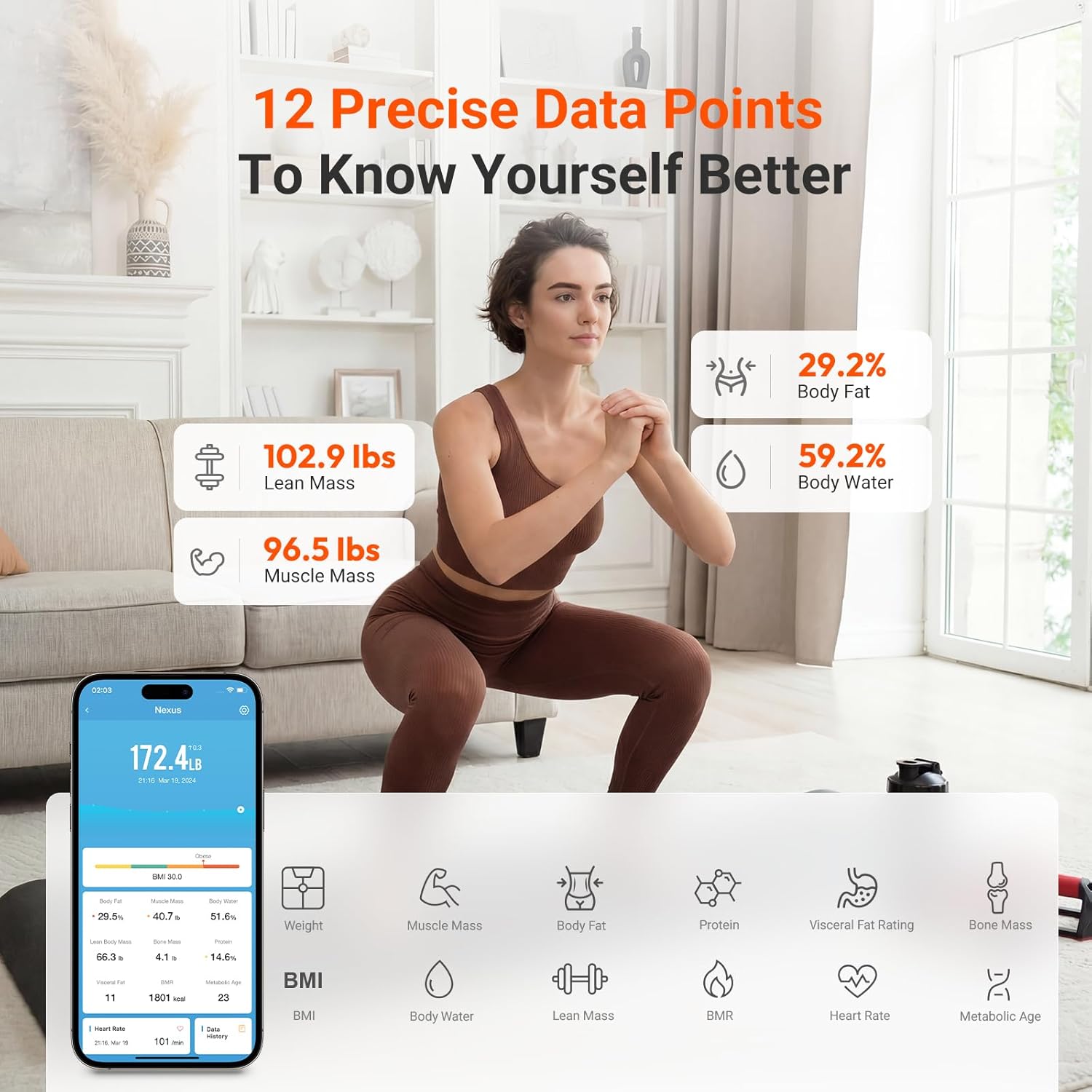 Nexus Smart Scale for Body Weight Bluetooth, Digital Bathroom Scale Body Fat and Muscle, Body Composition Monitor