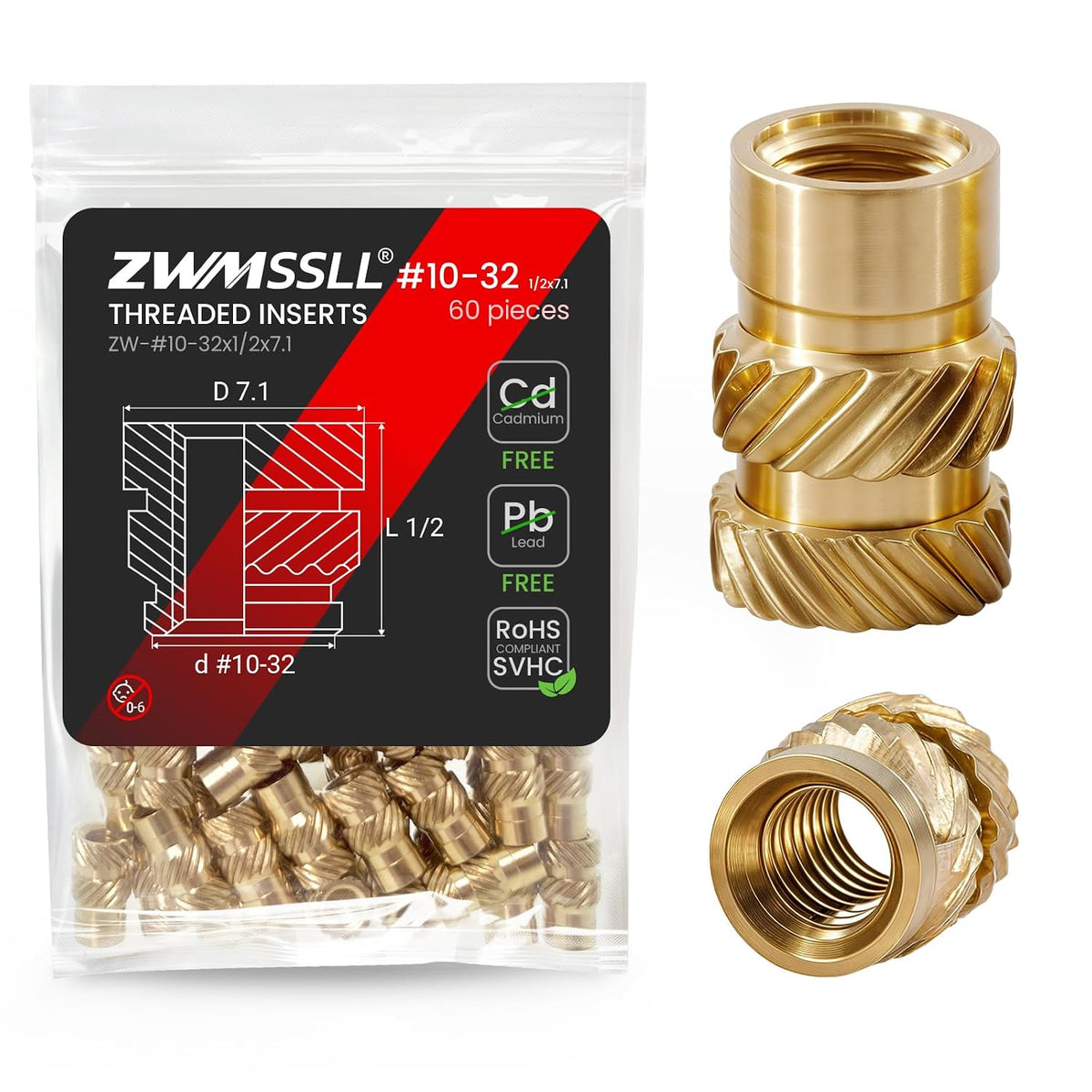 #10-32 Heat Set Threaded Inserts, 60 Pieces, Brass, UNF Knurled Nuts, Insert by Heat into 3D Printing Components