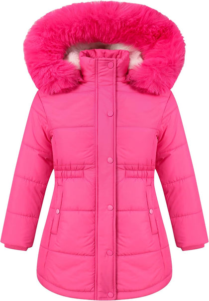 Girls Long Puffer Parka Removable Hood Kid's Winter Jacket Coats | Polyester Insulated Outerwear, Faux Fur Trim Hood