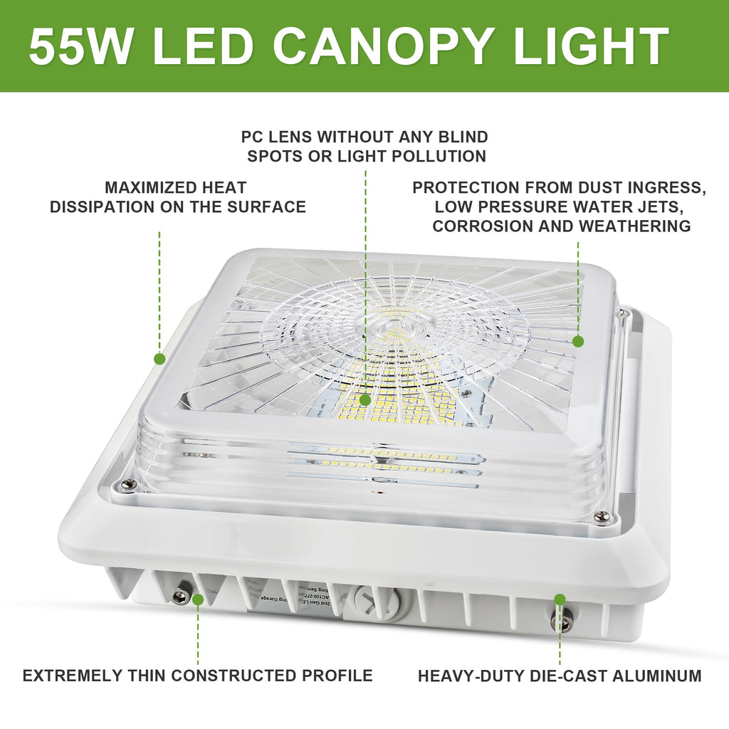LED Parking Garage Canopy Light, 30/40/55W Selectable, 3CCT, 0-10V Dimmable