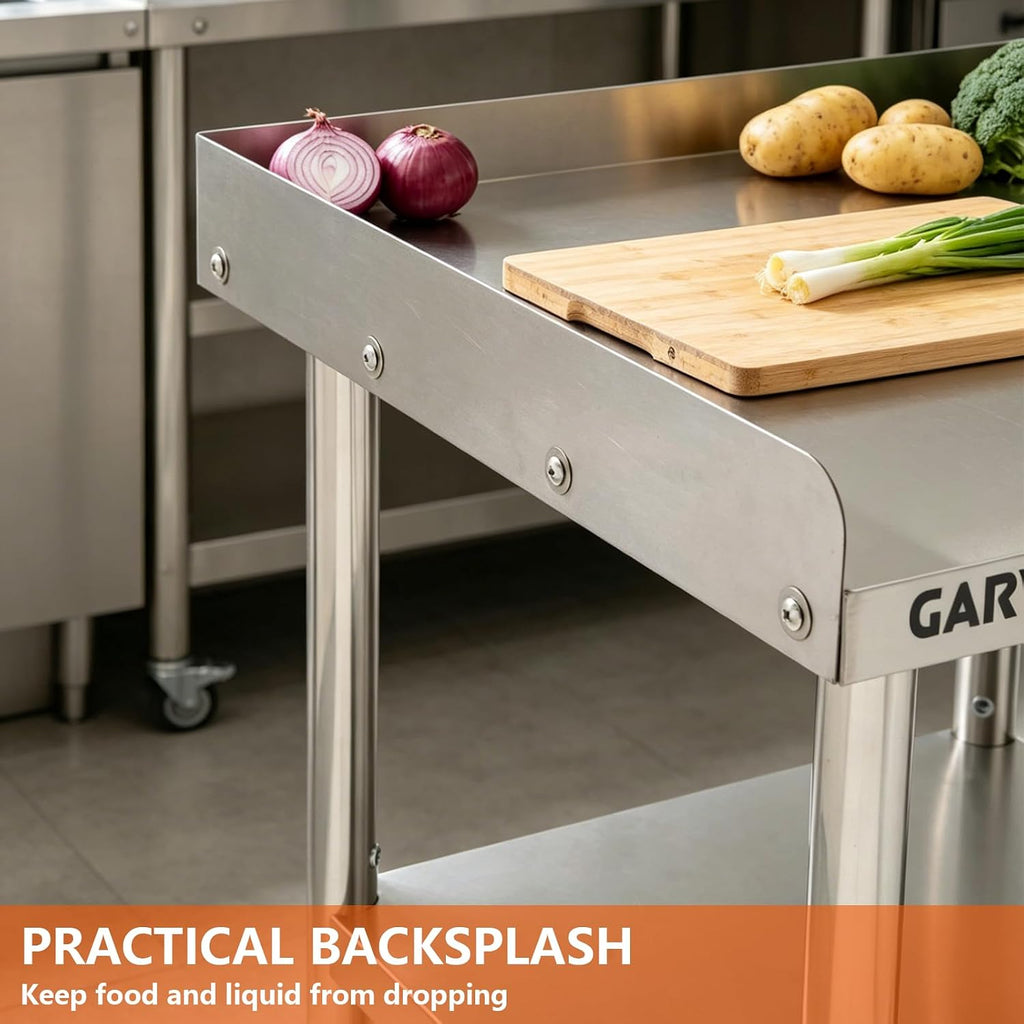 Stainless Steel Curved Edge Work Table 48 inch Double Layer with Backsplash & Casters, Heavy Duty Commercial Prep