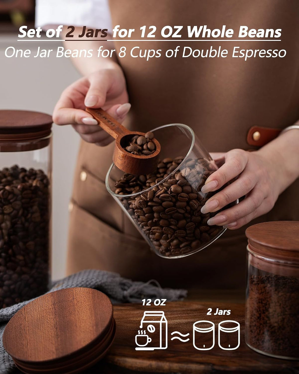 17 oz Coffee Canister with Scoop and Wooden Lids, Airtight Glass Coffee Beans Storage Container Sets of 2 for Ground