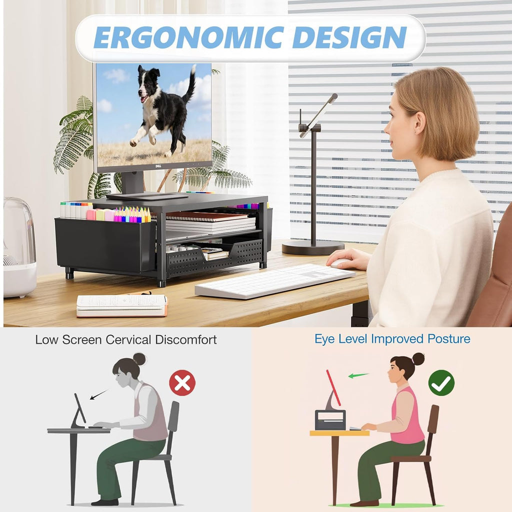 Desk Organizers and Accessories, Computer Monitor Stand Riser with Drawer and 2 Pen Holders, Printer & Laptop Stand