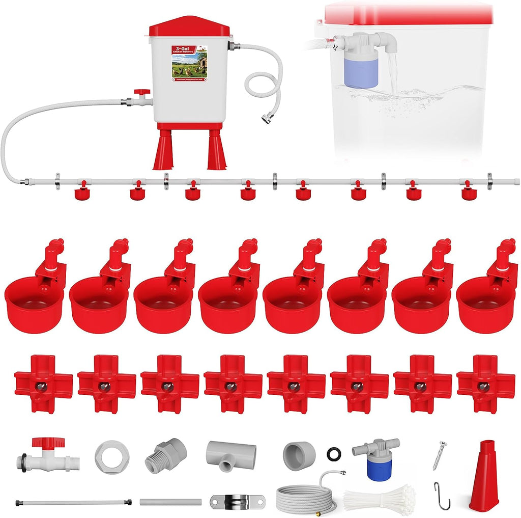 Complete Set Pipeline Automatic Chicken Waterer System, 3 Gallon Poultry Waterer with 8 Drinking Cups, 8 Nipples, 47"