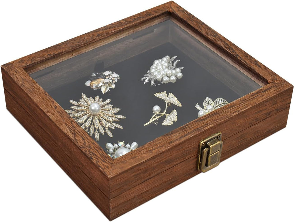 Tempered-Glass Top Small Wooden Jewelry Display Case with Removable Black Luxurious Velvet Jewelry Display Pad